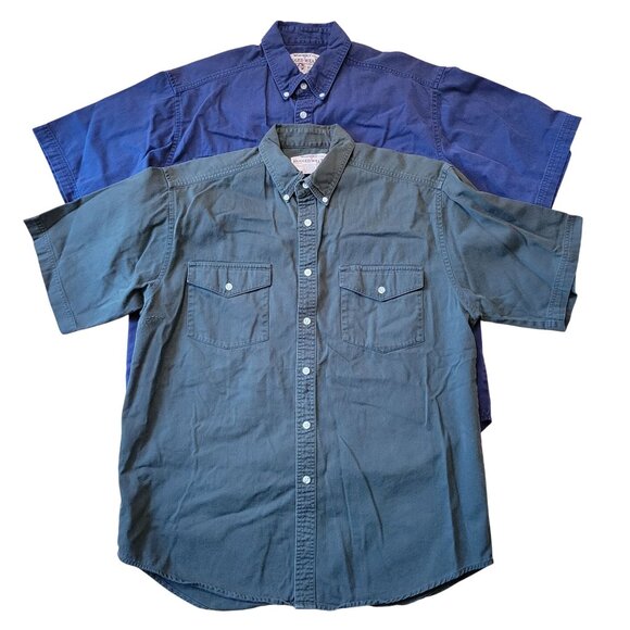2 Wrangler Short Sleeve Button Up Shirts L Green Blue Cotton Work Barn Chores Ru - Picture 1 of 8